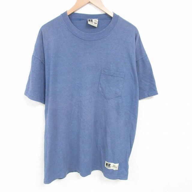 XL★古着 ラッセル 半袖 ビンテージ Tシャツ メンズ 00年代 00s 無地 胸ポケット付き 大きいサイズ クルーネック 薄紺 ネイビー 霜降り 25jun26 中古