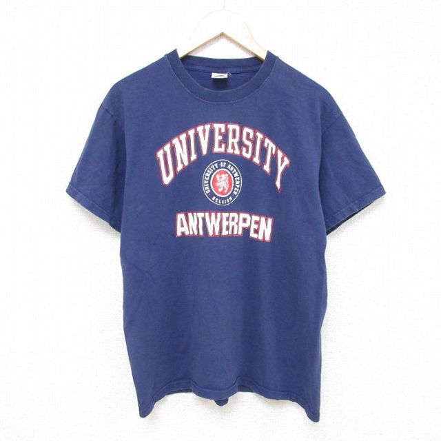 M★古着 フルーツオブザルーム 半袖 ビンテージ Tシャツ メンズ 00年代 00s ANTWERPEN カレッジ コットン クルーネック 紺 ネイビー 25jun23 中古