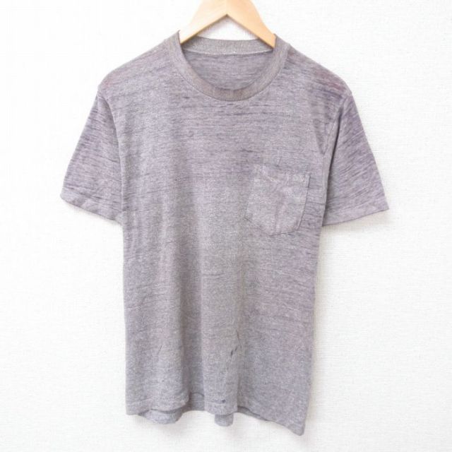 M★古着 半袖 ビンテージ Tシャツ メンズ 80年代 80s 無地 胸ポケット付き ボロ クルーネック グレー 霜降り 25jun24 中古