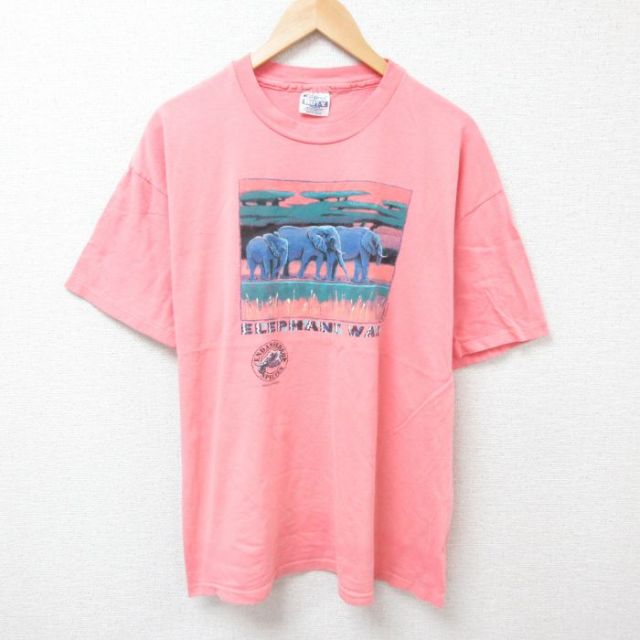 XL★古着 エインズ 半袖 ビンテージ Tシャツ メンズ 90年代 90s ゾウ コットン クルーネック USA製 濃ピンク 25jun24 中古