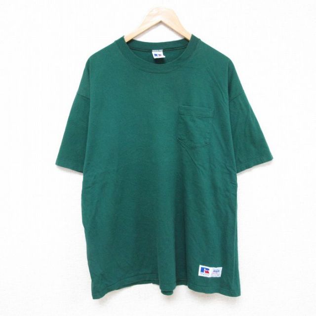 【50%OFF】XL★古着 半ラッセル 袖 ビンテージ Tシャツ メンズ 90年代 90s 無地 大きいサイズ コットン クルーネック USA製 緑 グリーン 25jun23 中古 半袖