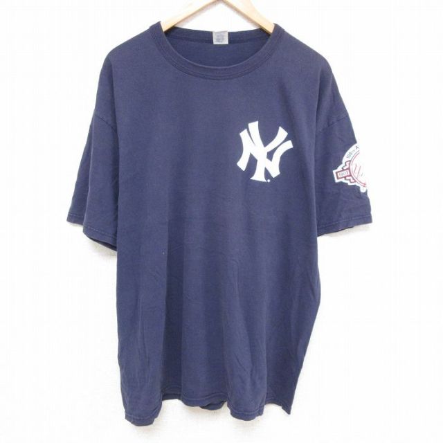 XL★古着 ラッセル 半袖 ビンテージ Tシャツ メンズ 00年代 00s MLB ニューヨークヤンキース ジェイソンジアンビ 25 大きいサイズ コットン クルーネック 紺 ネイビー 25jun23 中古