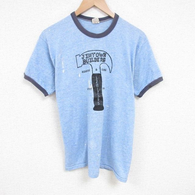 L★古着 ラッセル 半袖 ビンテージ Tシャツ メンズ 70年代 70s ハンマー クルーネック 薄紺 ネイビー 霜降り 【spe】 25jun23 中古