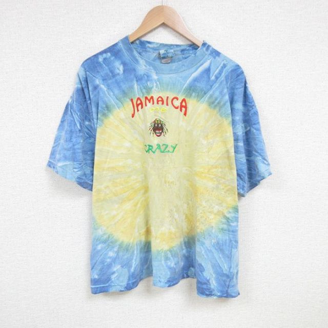 【50%OFF】XL★古着 半袖 ビンテージ Tシャツ メンズ 00年代 00sジャマイカ 刺繍 大きいサイズ コットン クルーネック 青 ブルー タイダイ 25jun25 中古
