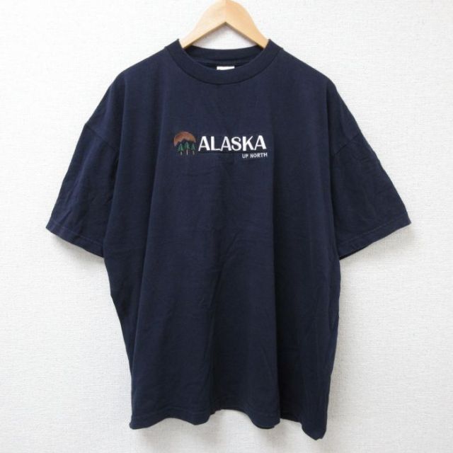 XL★古着 半袖 ビンテージ Tシャツ メンズ 00年代 00s アラスカ 刺繍 大きいサイズ コットン クルーネック 濃紺 ネイビー 25jun25 中古