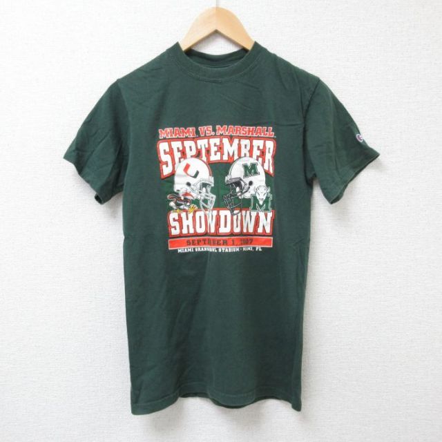 【20%OFF】S★古着 チャンピオン champion 半袖 ビンテージ Tシャツ メンズ 00年代 00s アメフト コットン クルーネック 濃緑 グリーン 25jun25 中古