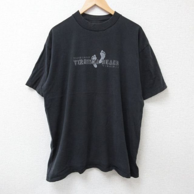 XL★古着 半袖 ビンテージ Tシャツ メンズ 90年代 90s 足跡 大きいサイズ コットン クルーネック USA製 黒 ブラック 25jun25 中古
