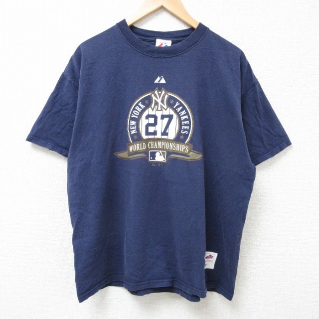 【50%OFF】XL★古着 マジェスティック 半袖 ビンテージ Tシャツ メンズ 00年代 00s MLB ニューヨークヤンキース クルーネック 紺 ネイビー メジャーリーグ ベースボール 野球 25jul05 中古