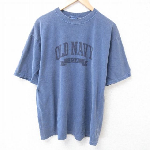 XL★古着 オールドネイビー 半袖 ビンテージ Tシャツ メンズ 90年代 90s ビッグロゴ コットン クルーネック USA製 薄紺 ネイビー 霜降り 25jun30 中古