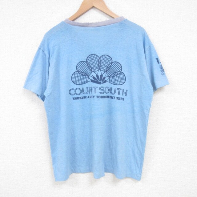 【50%OFF】XL★古着 半袖 ビンテージ Tシャツ メンズ 80年代 80s ラケット Vネック USA製 薄紺 ネイビー 霜降り 25jul01 中古