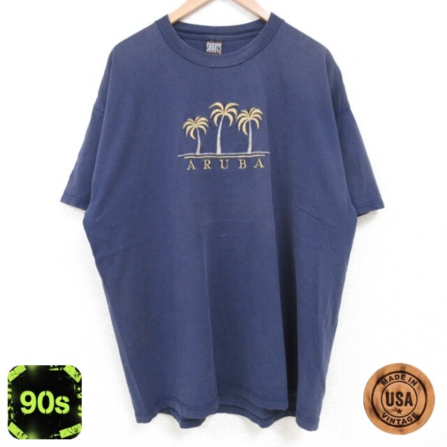 【50%OFF】90s 半袖Tシャツ ARUBA刺繍 ネイビー XL | 古着