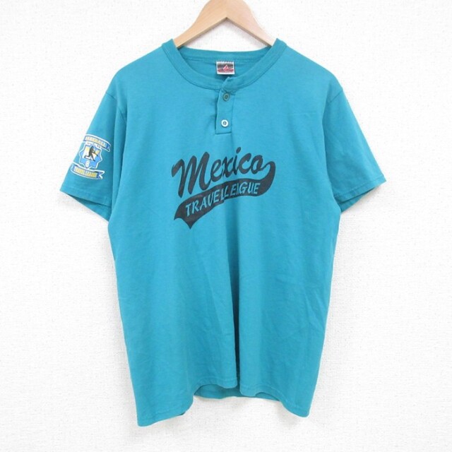 L★古着 半袖 ビンテージ Tシャツ メンズ 00年代 00s メキシコ ヘンリーネック 青緑 25jul01 中古