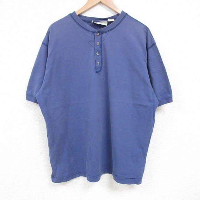 XL★古着 半袖 ビンテージ Tシャツ メンズ 00年代 00s 無地 コットン ヘンリーネック 紺 ネイビー 25jul03 中古