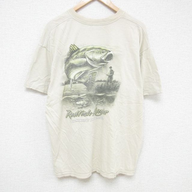 XL★古着 半袖 ビンテージ Tシャツ メンズ 00年代 00s 魚 大きいサイズ コットン クルーネック 薄ベージュ カーキ 25jul07 中古