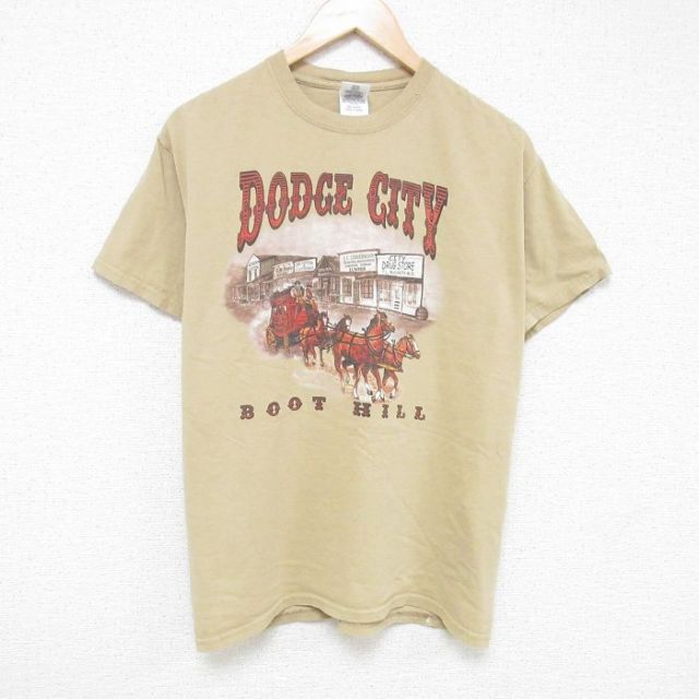 L★古着 半袖 ビンテージ Tシャツ メンズ 00年代 00s 馬車 コットン クルーネック ベージュ カーキ 25jul07 中古