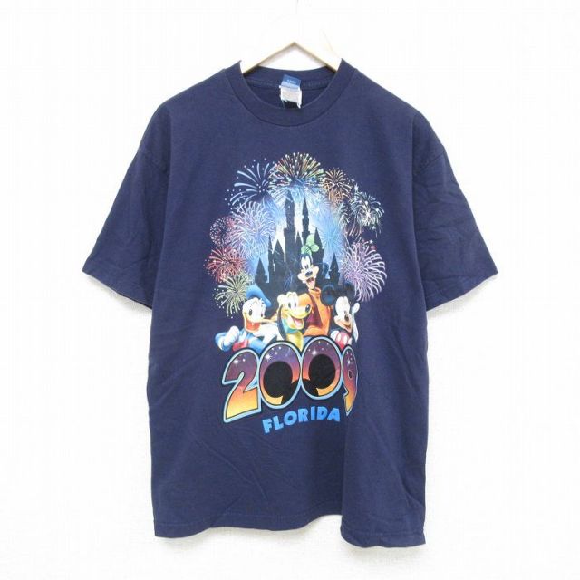 XL★古着 半袖 ビンテージ Tシャツ メンズ 00年代 00s ディズニー DISNEY ミッキー MICKEY MOUSE コットン クルーネック 紺 ネイビー 25jul08 中古