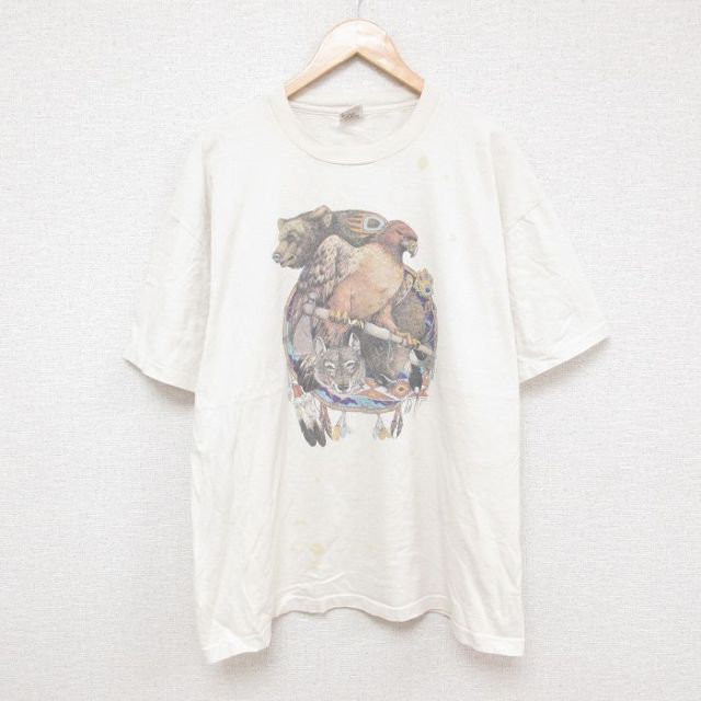XL★古着 半袖 ビンテージ Tシャツ メンズ 90年代 90s 鳥 ドリームキャッチャー 大きいサイズ コットン クルーネック USA製 ベージュ カーキ 25jul08 中古