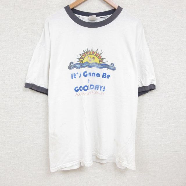 XL★古着 半袖 ビンテージ Tシャツ メンズ 00年代 00s 太陽 大きいサイズ コットン クルーネック 白 ホワイト リンガー 25jul08 中古