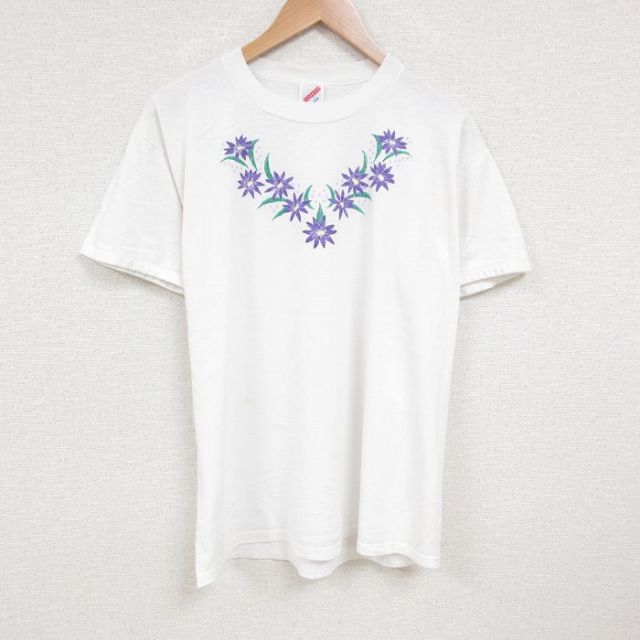 【50%OFF】XL★古着 ジャージーズ 半袖 ビンテージ Tシャツ メンズ 80年代 80s 花 クルーネック USA製 白 ホワイト 25jul08 中古