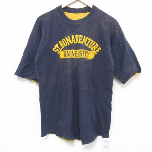 L★古着 ラッセル 半袖 ビンテージ Tシャツ メンズ 80年代 80s BONA リバーシブル コットン クルーネック 紺 ネイビー 25jul10 中古