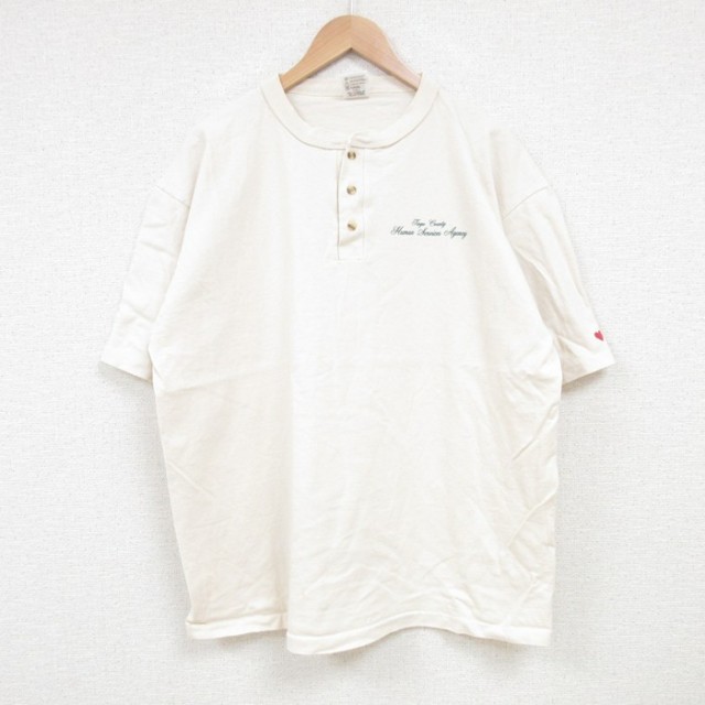 XL★古着 半袖 ビンテージ Tシャツ メンズ 90年代 90s ヒューマン コットン ヘンリーネック USA製 生成り 25jul10 中古