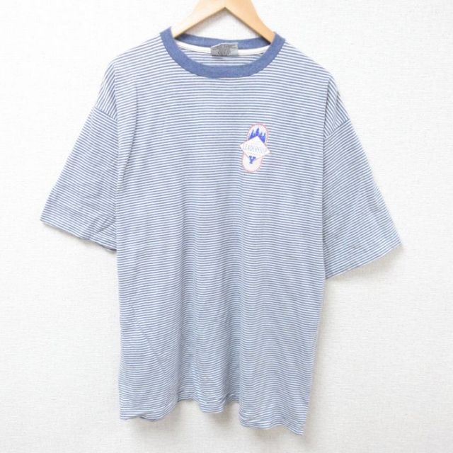 XL★古着 半袖 ビンテージ Tシャツ メンズ 90年代 90s Y 大きいサイズ コットン クルーネック USA製 薄紺 ネイビー ボーダー 25jul10 中古