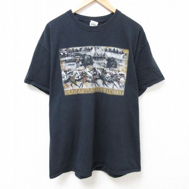 XL★古着 半袖 ビンテージ Tシャツ メンズ 00年代 00s 競馬 大きいサイズ コットン クルーネック 黒 ブラック 25jul11 中古