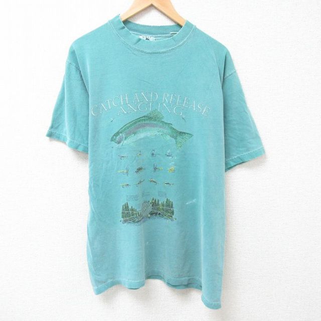 【50%OFF】L★古着 半袖 ビンテージ Tシャツ メンズ 90年代 90s 魚 コットン クルーネック USA製 緑 グリーン 25jul11 中古