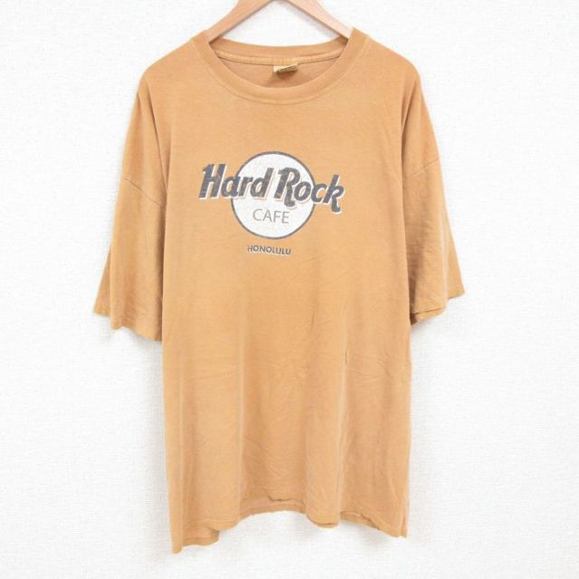 【50%OFF】XL★古着 半袖 ビンテージ Tシャツ メンズ 00年代 00s ハードロックカフェ ホノルル 大きいサイズ ロング丈 コットン クルーネック 茶 ブラウン 25jul12 中古