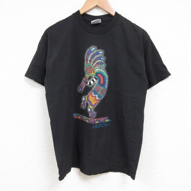 M★古着ヘインズ 半袖 ビンテージ Tシャツ メンズ 00年代 00s アリゾナ ココペリ ホピ族 コットン クルーネック 黒 ブラック 25jul14 中古