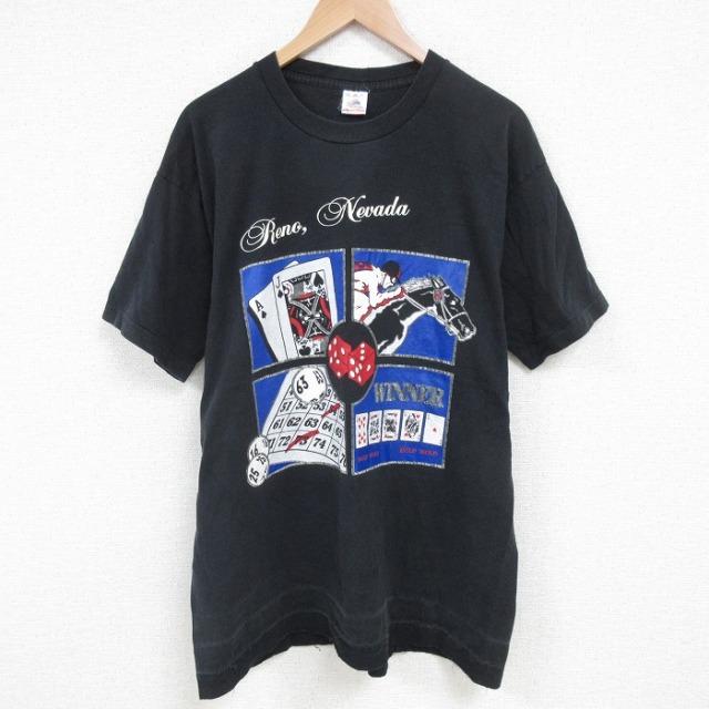 XL★古着 フルーツオブザルーム 半袖 ビンテージ Tシャツ メンズ 90年代 90s 競馬 トランプ コットン クルーネック USA製 黒 ブラック 25jul16 中古