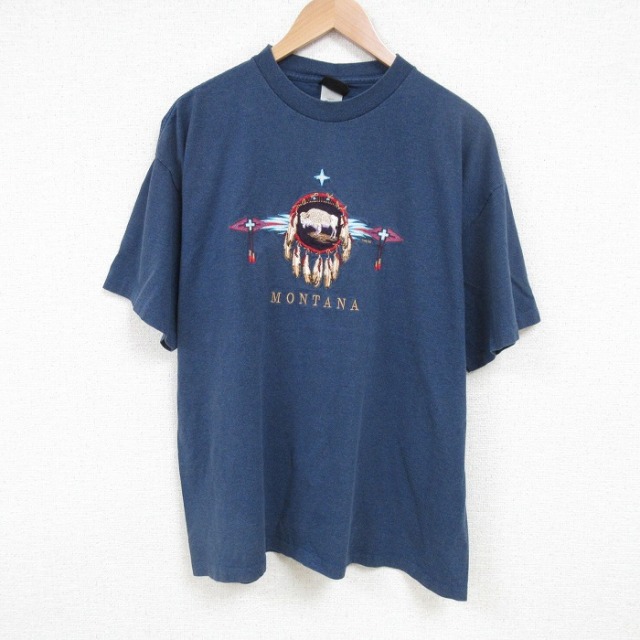 SIGNAL 90s 半袖Tシャツ モンタナ刺繍 ネイビー XL | 古着