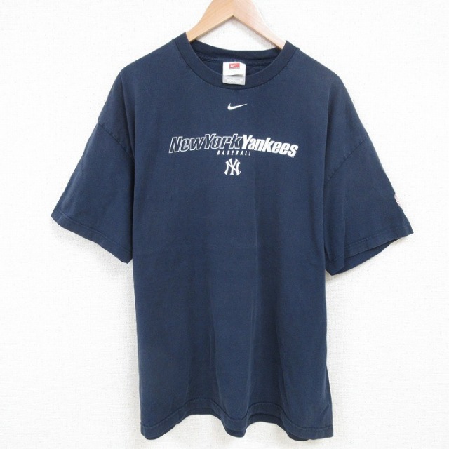 【50%OFF】XL★古着 ナイキ NIKE 半袖 ビンテージ Tシャツ メンズ 00年代 00s MLB ニューヨークヤンキース 大きいサイズ コットン クルーネック 紺 ネイビー 25jul16 中古