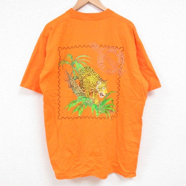 【50%OFF】XL★古着 半袖 ビンテージ Tシャツ メンズ 90年代 90s ヒョウ 大きいサイズ クルーネック オレンジ 25jul15 中古