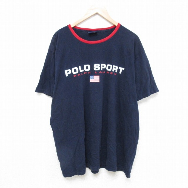 XL★古着 ラルフローレン Ralph Lauren ポロスポーツ 半袖 ビンテージ Tシャツ メンズ 90年代 90s ビッグロゴ 大きいサイズ コットン クルーネック USA製 紺 ネイビー 25jul16 中古
