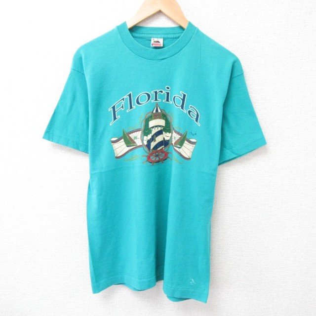 M★古着 フルーツオブザルーム 半袖 ビンテージ Tシャツ メンズ 90年代 90s フロリダ コットン クルーネック USA製 青緑 25jul15 中古