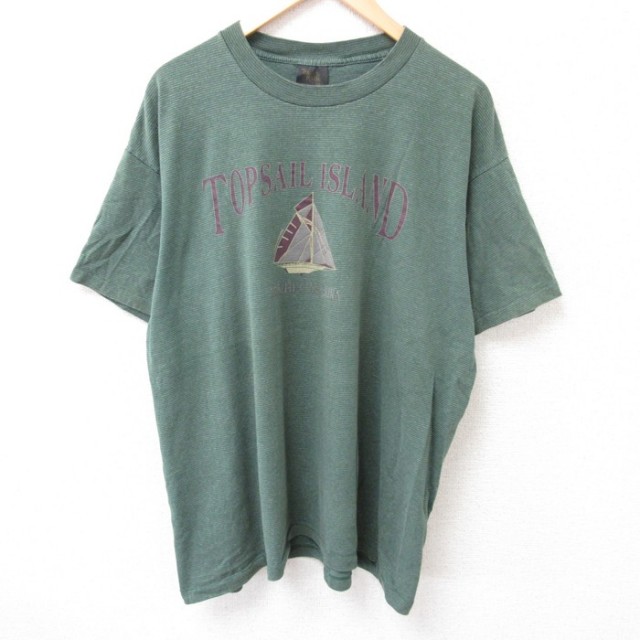 【50%OFF】XL★古着 半袖 ビンテージ Tシャツ メンズ 90年代 90s ヨット 大きいサイズ クルーネック USA製 濃緑 グリーン ボーダー 25jul15 中古