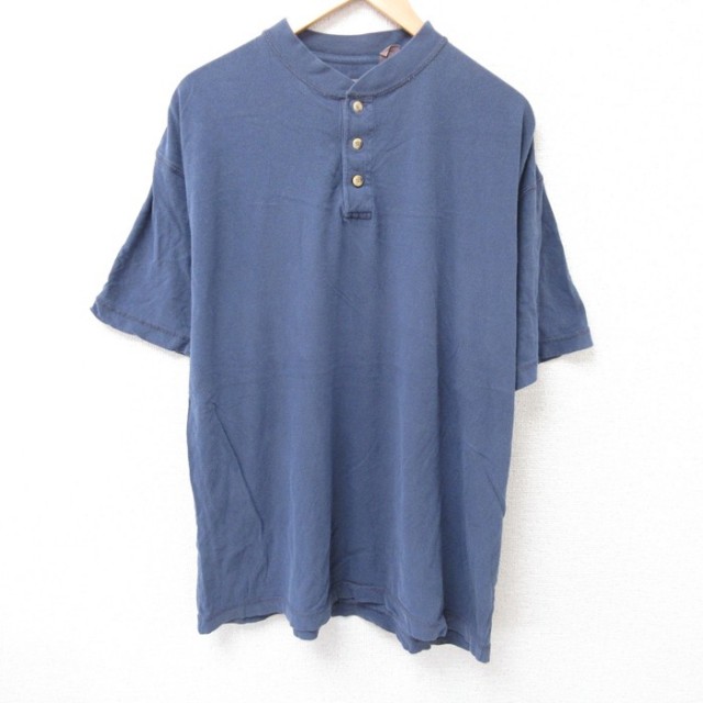 XL★古着 半袖 ビンテージ Tシャツ メンズ 00年代 00s 無地 大きいサイズ コットン ヘンリーネック 薄紺 ネイビー 25jul15 中古