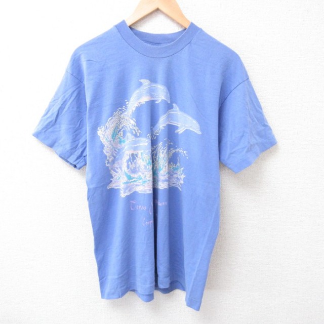 【50%OFF】L★古着 フルーツオブザルーム 半袖 ビンテージ Tシャツ メンズ 90年代 90s イルカ コットン クルーネック USA製 薄紺 ネイビー 25jul15 中古