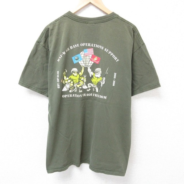 【50%OFF】XL★古着 半袖 ビンテージ Tシャツ メンズ 00年代 00s ミリタリー イラク 大きいサイズ コットン クルーネック 濃緑 グリーン 25jul16 中古
