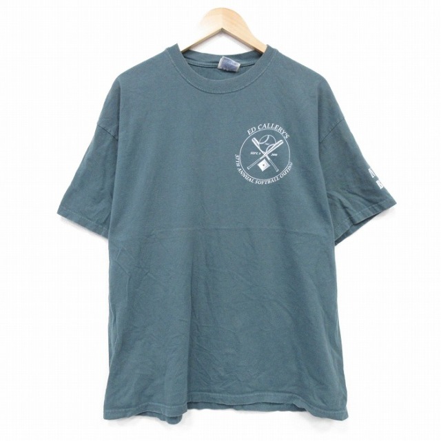 【50%OFF】XL★古着 ヘインズ Hanes 半袖 ビンテージ Tシャツ メンズ 00年代 00s ソフトボール コットン クルーネック 緑 グリーン 25jul23 中古