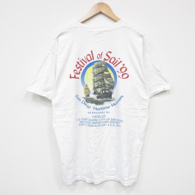 【50%OFF】XL★古着 半袖 ビンテージ Tシャツ メンズ 00年代 00s 船 大きいサイズ コットン クルーネック 白 ホワイト 25jul23 中古