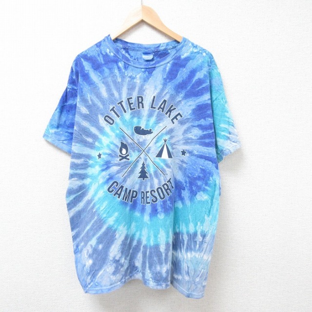 XL★古着 半袖 ビンテージ Tシャツ メンズ 00年代 00s キャンプ 大きいサイズ コットン クルーネック 青他 ブルー タイダイ 25jul26 中古