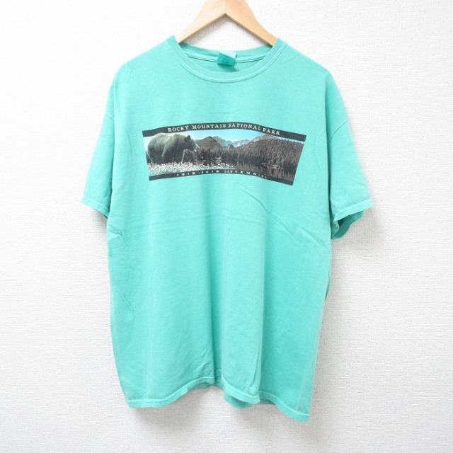 XL★古着 半袖 ビンテージ Tシャツ メンズ 00年代 00s ロッキーマウンテン国立公園 大きいサイズ コットン クルーネック 薄緑 グリーン 25jul26 中古