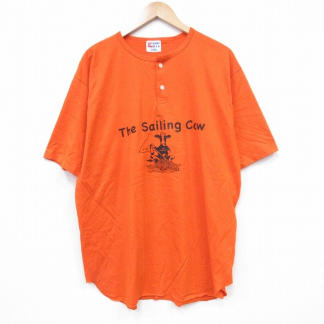 【50%OFF】XL★古着 半袖 ビンテージ Tシャツ メンズ 90年代 90s 牛 ヘンリーネック USA製 オレンジ 25aug25 中古