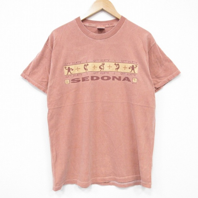 L★古着 半袖 ビンテージ Tシャツ メンズ 90年代 90s ココペリホピ族 コットン クルーネック USA製 薄オレンジ 25aug07 中古
