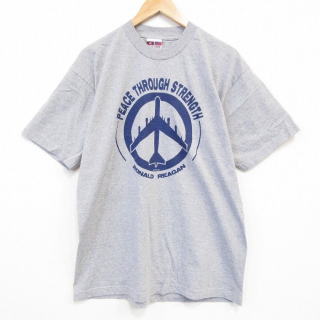 【50%OFF】L★古着 半袖 ビンテージ Tシャツ メンズ 00年代 00s 飛行機 ピースマーク コットン クルーネック USA製 グレー 霜降り 【spe】 25aug07 中古