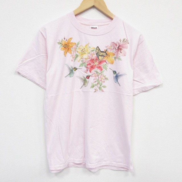 【50%OFF】M★古着 半袖 ビンテージ Tシャツ メンズ 00年代 00s 鳥 チョウ コットン クルーネック 薄ピンク 25aug08 中古