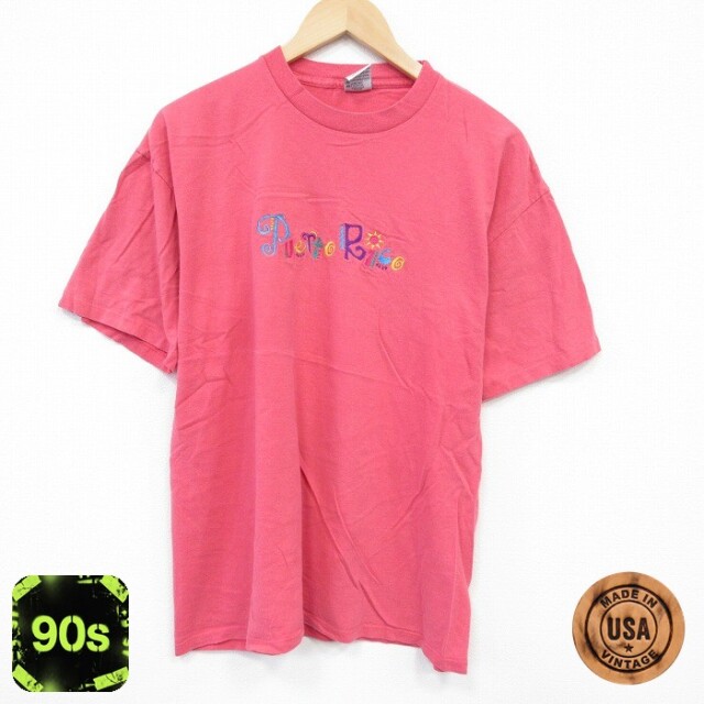 90s 半袖Tシャツ プエルトリコ刺繍 ピンク L | 古着
