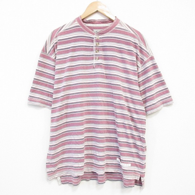 【50%OFF】XL★古着 アリゾナジーンズ 半袖 ビンテージ Tシャツ メンズ 00年代 00s 大きいサイズ コットン ヘンリーネック 薄ピンク他 ボーダー 25aug08 中古